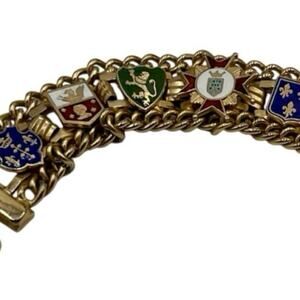 Vintage‎ Gold Tone Red Blue Yellow Enamel Five Family Crest Shield Bracelet
